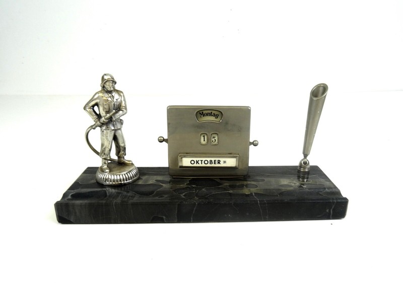 Original Art Deco Firefighter Flip Calendar Desk Set 1930 Antique
