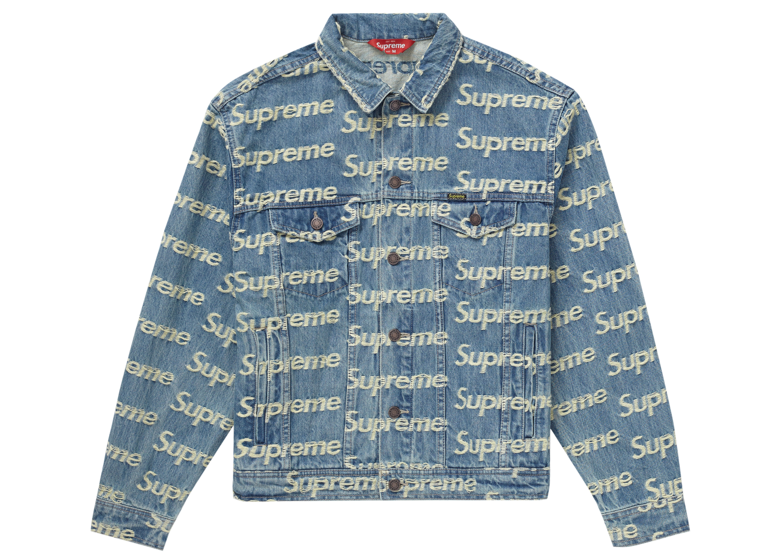 NEW Supreme Frayed Logos Denim Trucker Jacket Blue SS21 Size NEW Supreme Frayed Logos Denim Trucker Jacket Blue SS21 Size