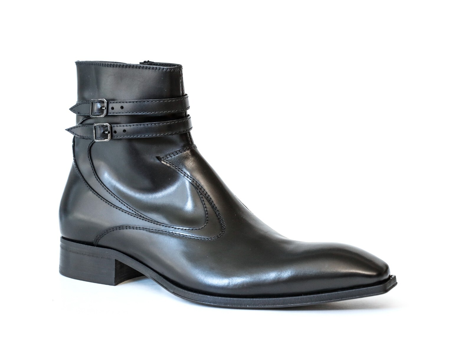 Pre-owned Jo Ghost 4767 Italian Black Leather Ankle Boots W/ 2 Buckles, Zipper