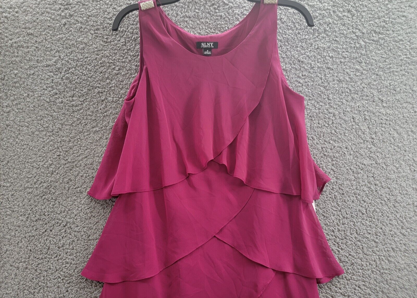 SL Fashions Tiered Chiffon Dress Women's 4 Wineberry Ruffled Scoop Neck Pullover - Picture 3 of 15