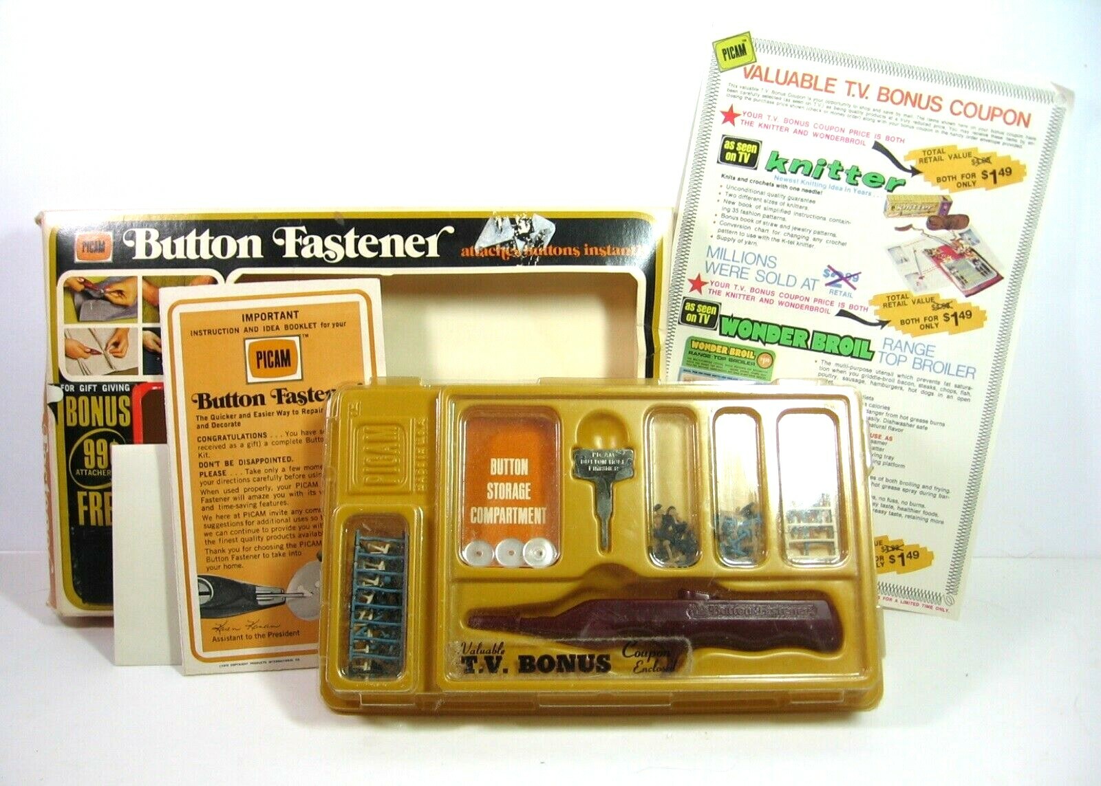 Vintage 1972 Picam Button Fastener As Advertised on TV Original Box Unused BONUS