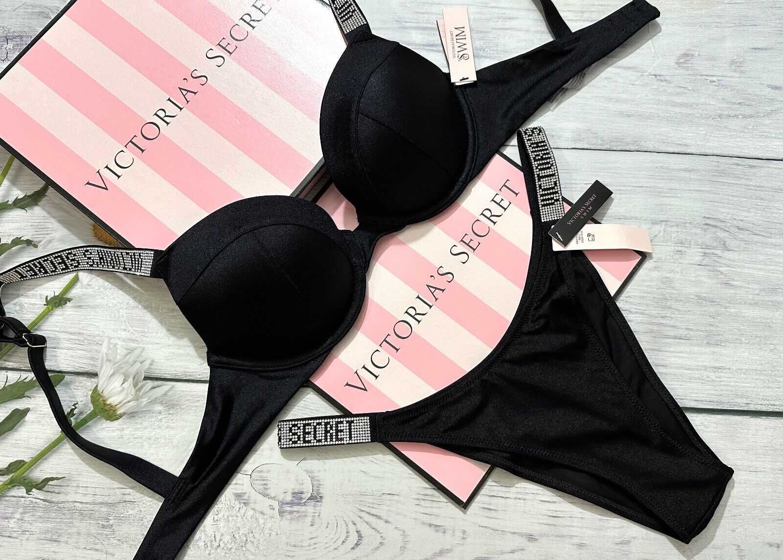 VICTORIAS SECRET SWIM Shine Strap Sexy Tee Push-Up Bikini Бразильский комплект черного цвета