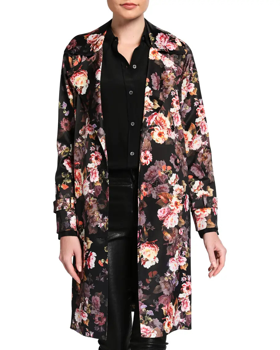 Pre-owned L'agence Women's  Atticus Floral Print Trench Coat, Size S/p M - Black