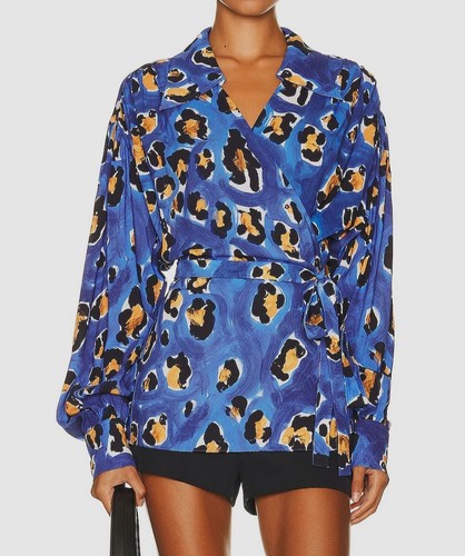 【MARNI】Leopard Wool Blend Muffler Ridden Blue $1550 Marni Women's Blue Leopard-Print Collared Wrap Blouse