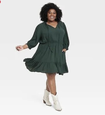 KNOX ROSE Women's Plus Size Boho Peasant Dark Green Folkloric Dress Size 3X NEW