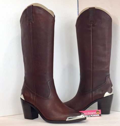 Pre-owned Frye Faye Metal Plate Pull On Western Boot $565 In Brown