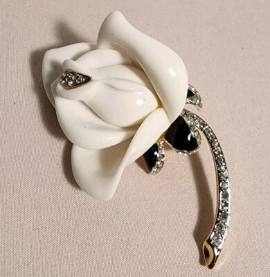 KJL White Lucite Rhinestone Rose Rosebud Flower Brooch Kenneth J Lane Pin