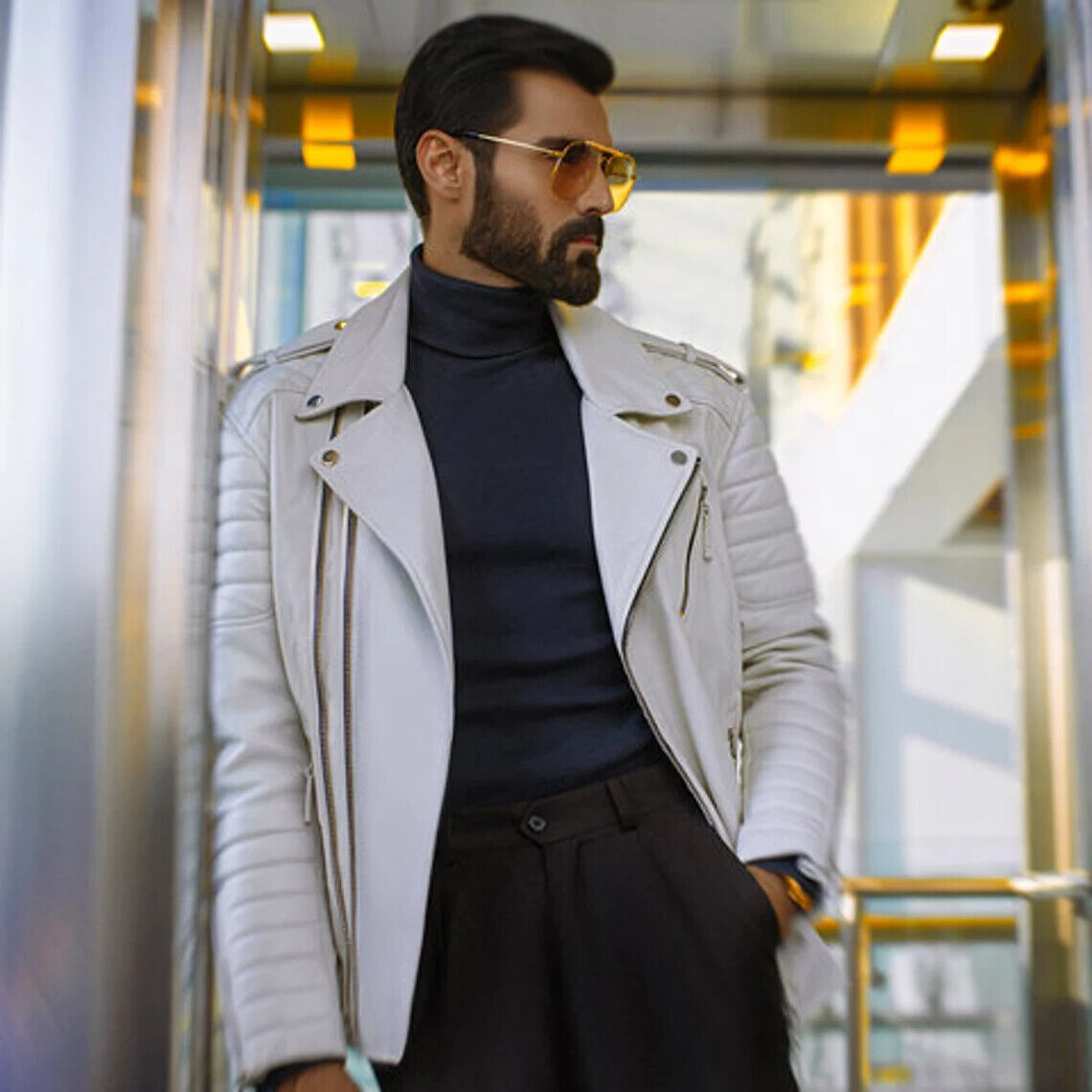 HOT! Men's White Leather Jacket Real Sheepskin Slim Fit