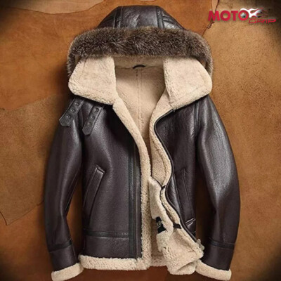 Damen B3 RAF Bomber abnehmbare Kapuze Lammfell Fell Echt Lammfell Lederjacke