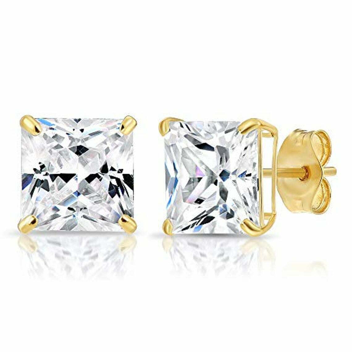 14K Real Solid Yellow Gold Princess-Cut Square CZ Stud Earrings Pushback 3mm-8mm