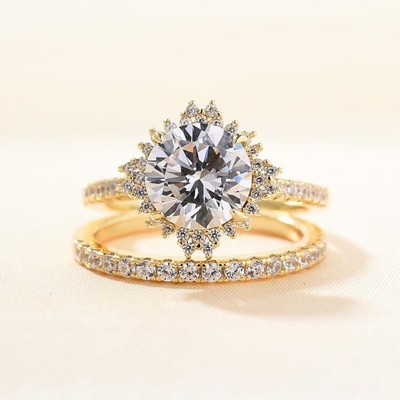 3CT Round Cut Moissanite Delicate Halo 14K Yellow Gold Plated Bridal Set Ring