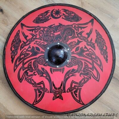 Red&Black Battle Ready Armor Round Shield Fenrir Knot Viking Shield Wolf Design