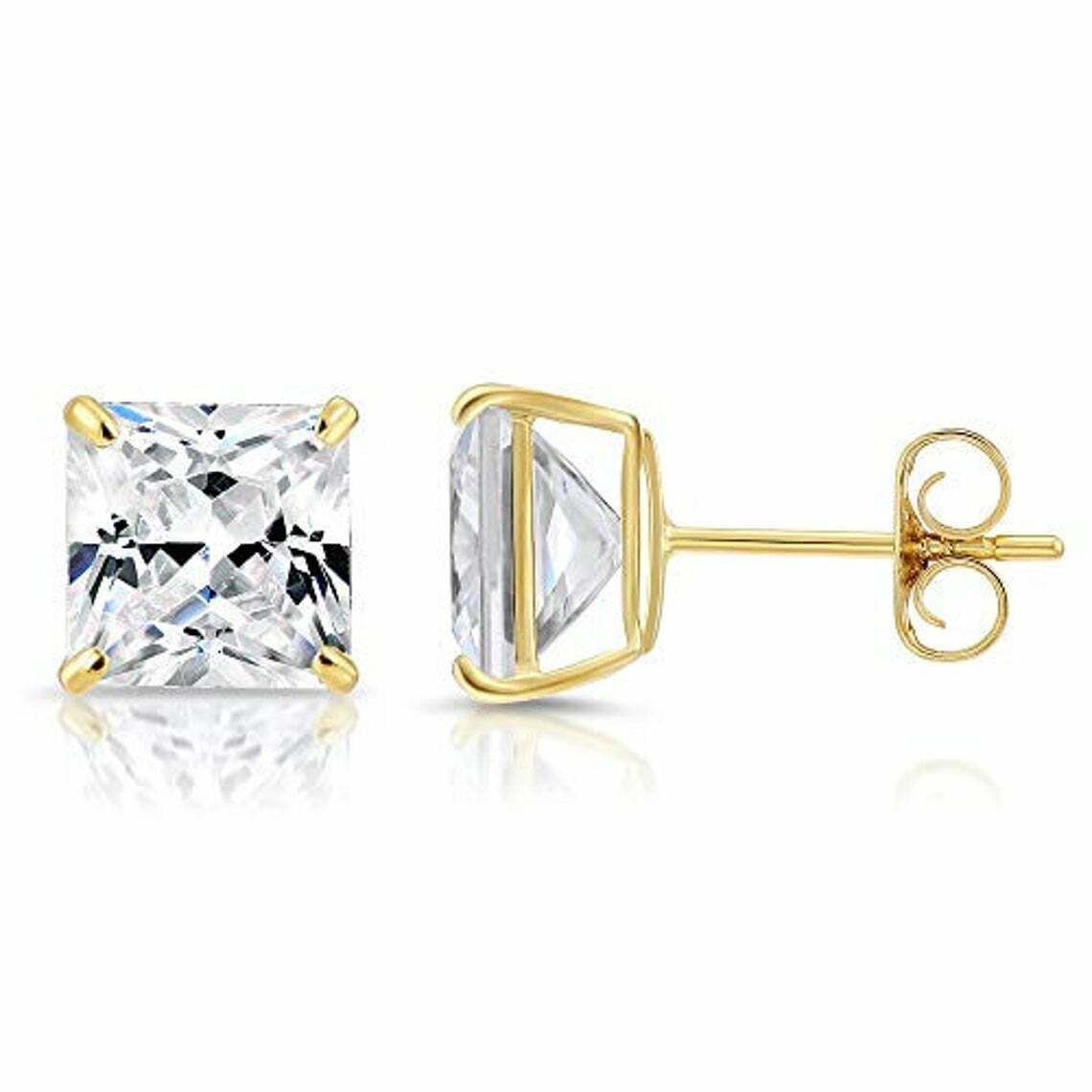 14K Real Solid Yellow Gold Princess-Cut Square CZ Stud Earrings Pushback 3mm-8mm
