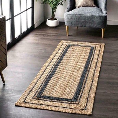 Runner jute rug handmade carpet farmhouse living room area rug beige black