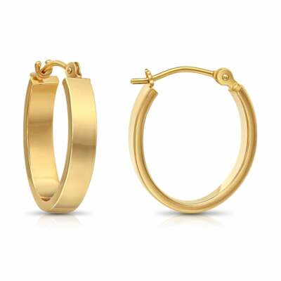 14K Real Solid Gold Shiny Polished Oval Plain Creole Flat Tube Hoop Earrings