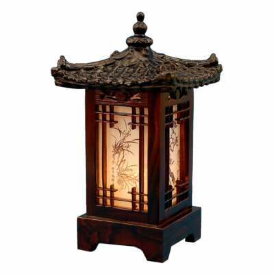 Carved Wood Lamp Lantern Brown Asian Bedside Bedroom Table Light Home Art Decor