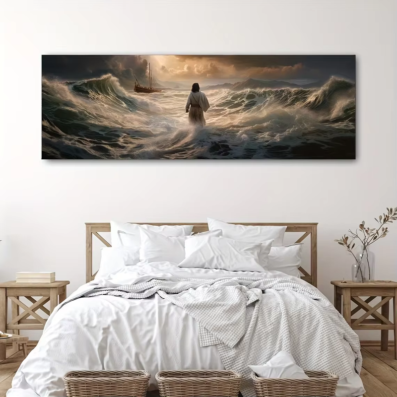 Jesus Walking on Water Canvas Art Print - Frameless, Transverse Orientation, Classic Religious Christian Wall Decor, Inspira
