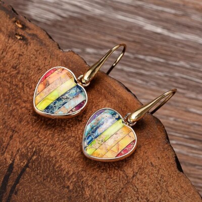 Natural Jasper Stone Heart Drop Earrings 7 Chakra Dangle Earrings for Healing
