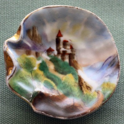 2 Antique Butter Pats. Sailing Ship and Castle, Shell Shaped