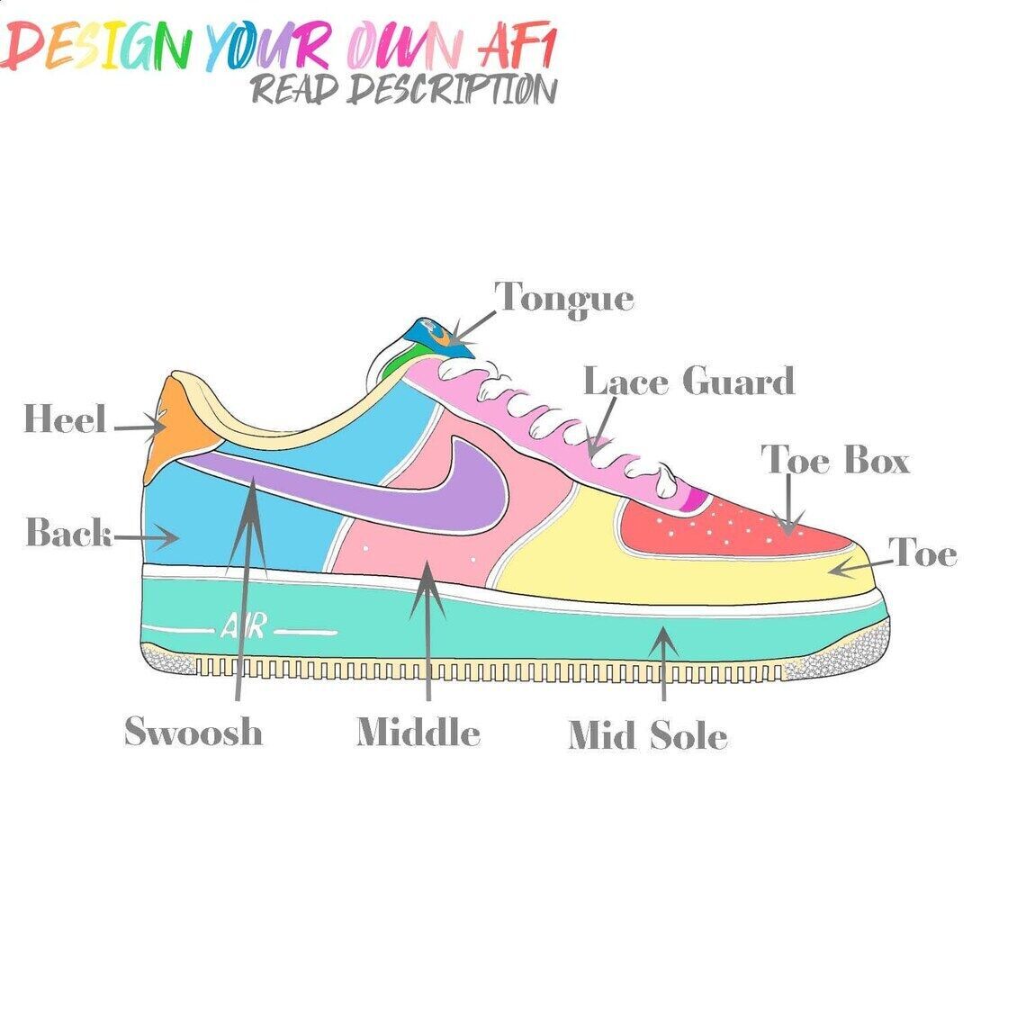 Pre-owned Nike Custom Air Force 1 "cartoon Retro" Lilac Orange Yellow Teal Black Outline In White