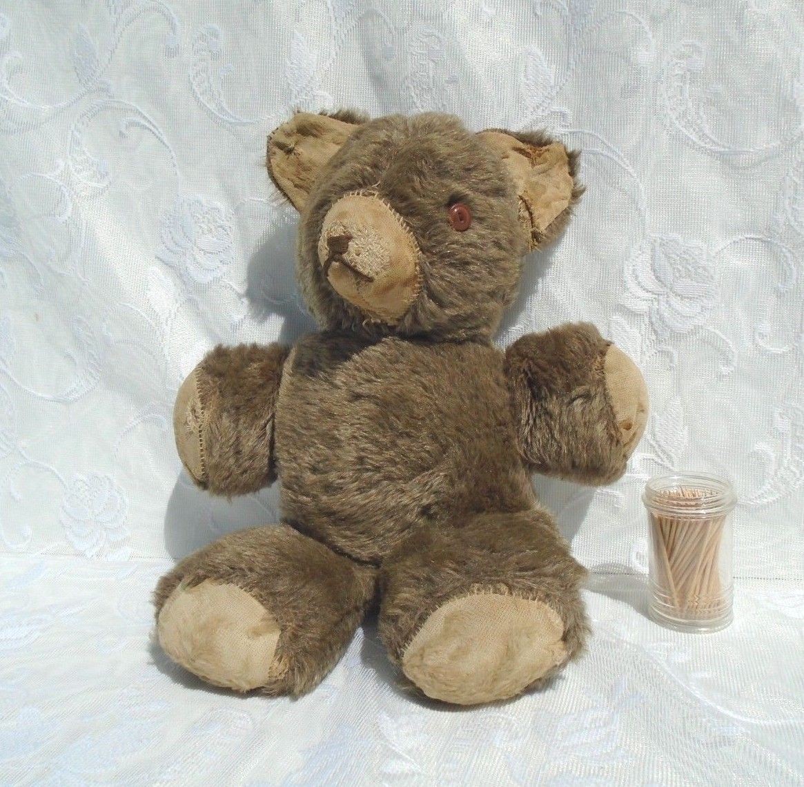 Antique Vintage HAND SEWN Stuffed Teddy Bear with Button Eyes EMBROIDERED FACE