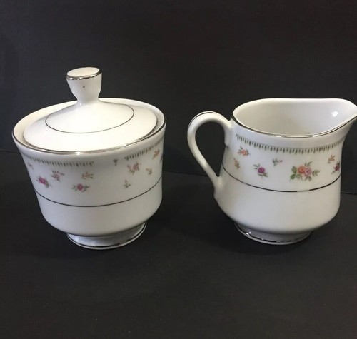 Abingdon Creamer & Sugar Bowl With Lid China Floral With Silver Trim
