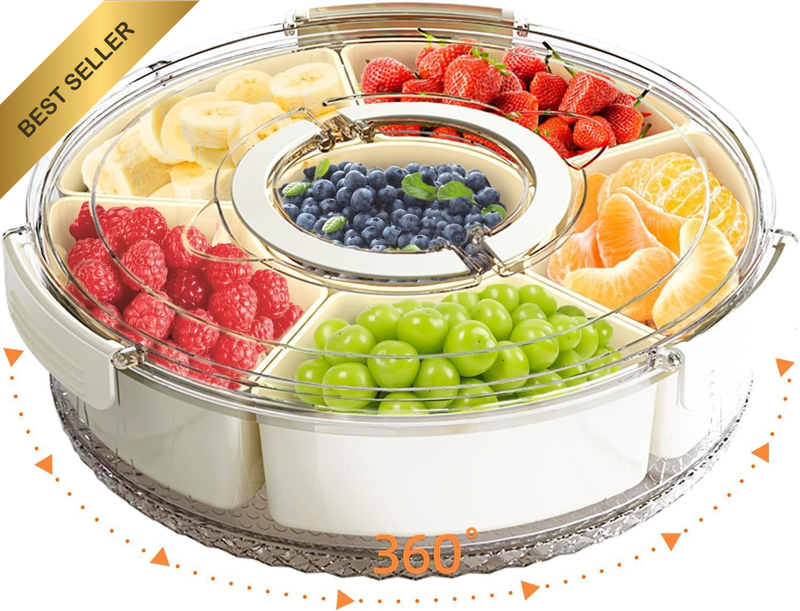 Large Divided Rotating Serving Tray with Lid & Handle, Portable Snackle Box for