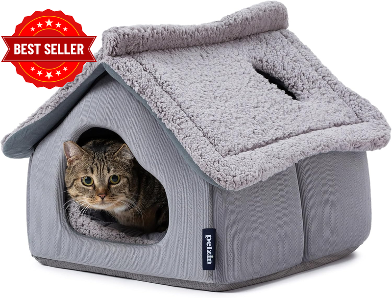 Large Cat Houses for Indoor Cats - Cat Cave Bed with Removable Support Foam and 