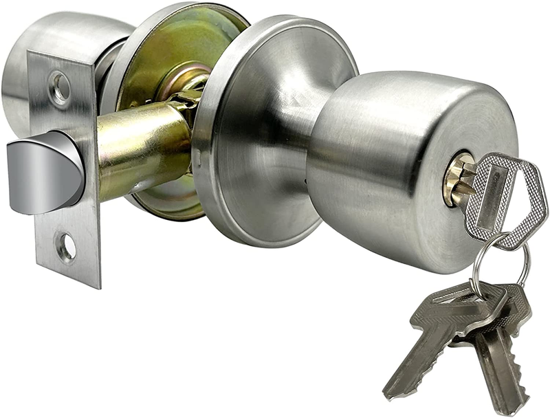JO.KO Door Knob with Lock and Keyed, Satin Nickel round Ball Lock Interior/Exter