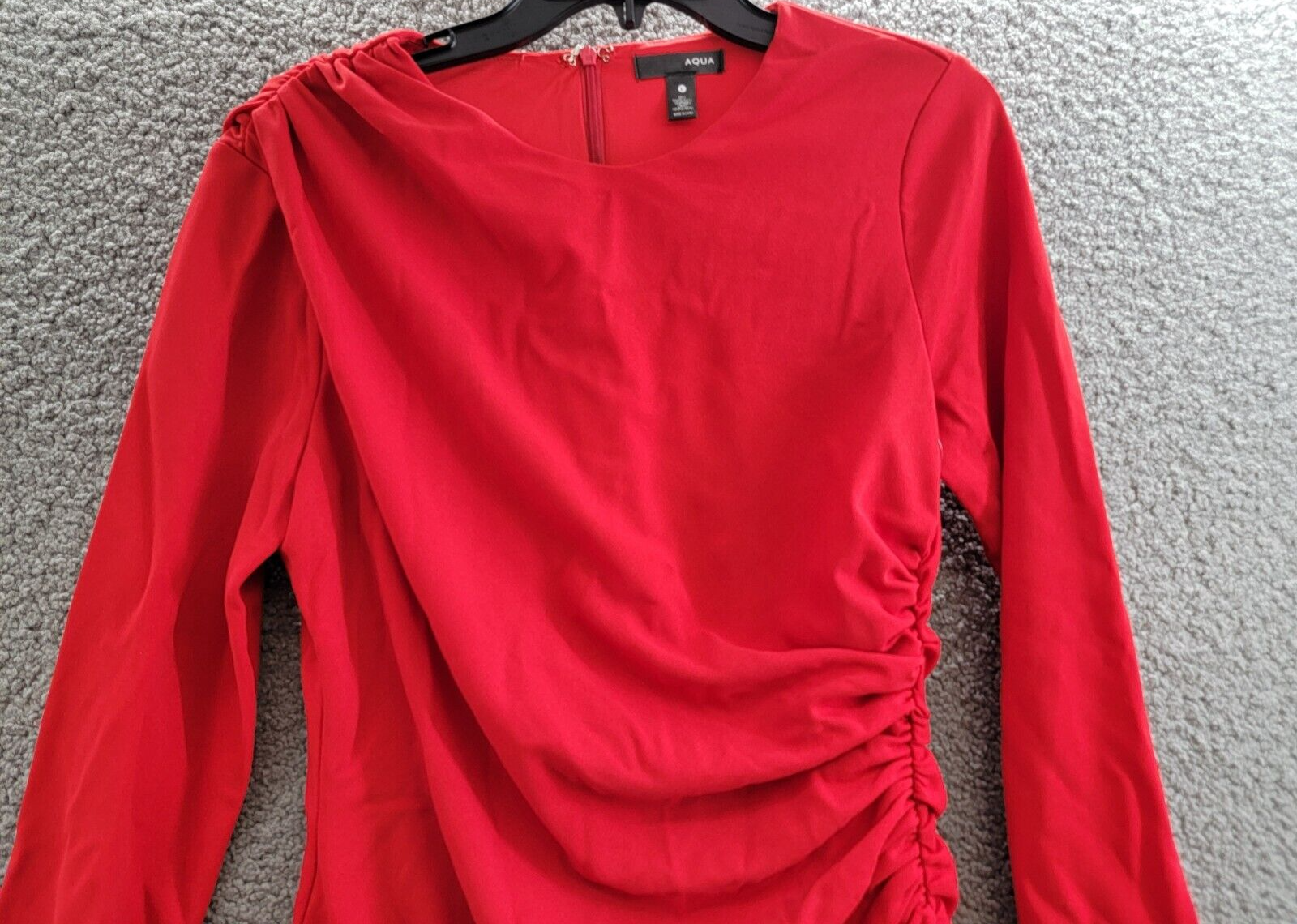AQUA Draped Long Sleeve Mini Sheath Dress Women's L Red Solid Back Zip Closure - Picture 3 of 16