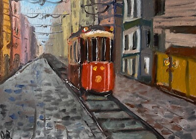 Original Painting Istanbul Oil Painting Red Tram Art 6x8'' signed by Artist