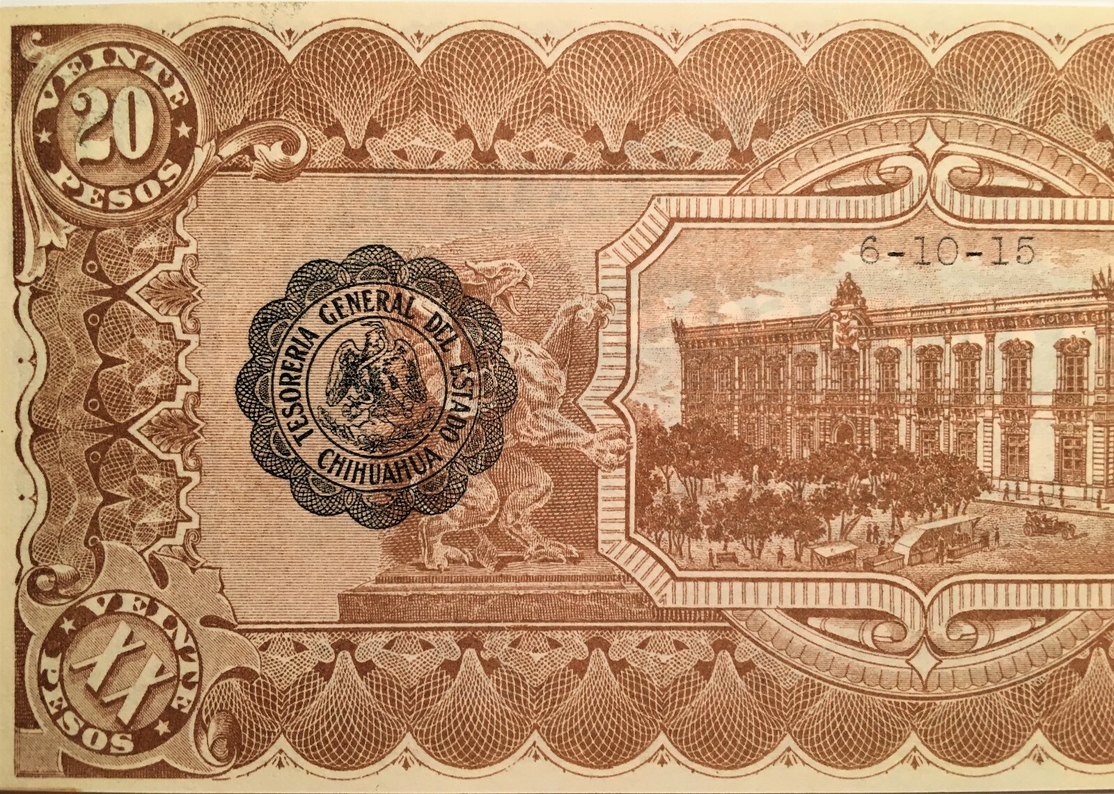 1915 Mexico 20 Pesos Banknote, Currency, Paper Money, Pik 5537a, Very Nice!