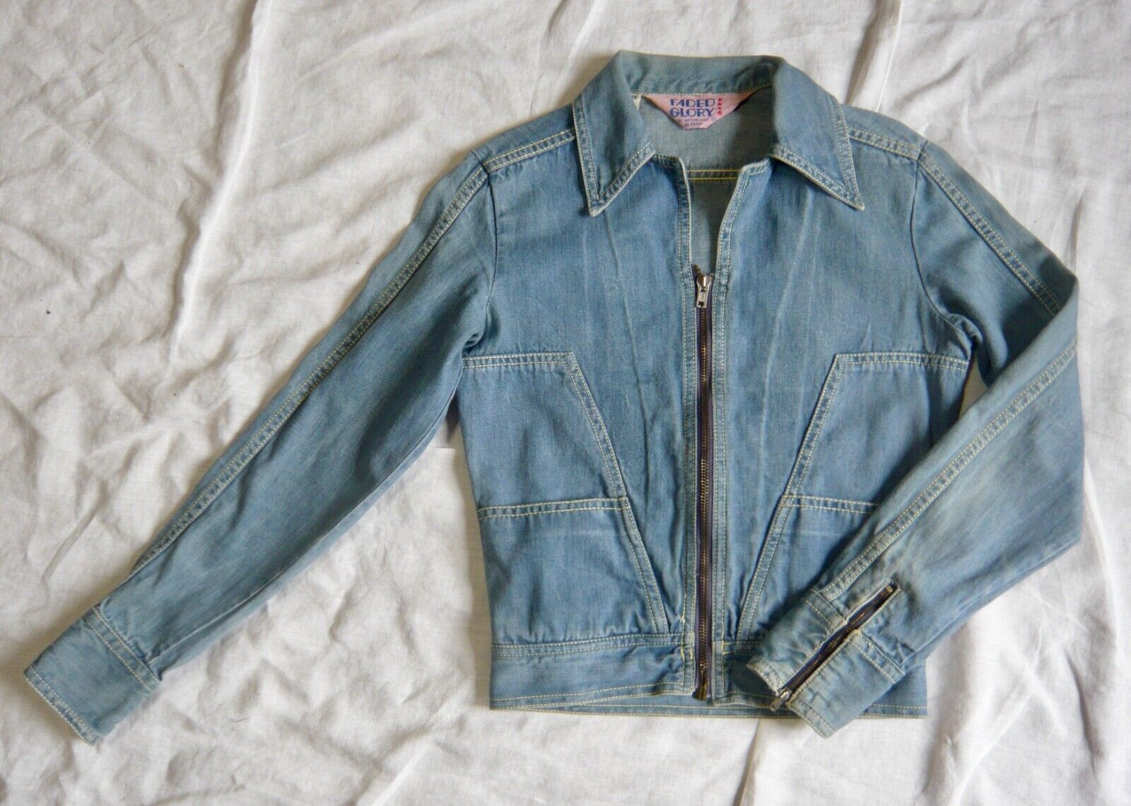 FADED GLORY vintage 70s denim JEAN JACKET brass zip narrow FADED GLORY vintage 70s denim JEAN JACKET brass zip narrow