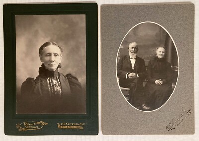 2 Vintage Cabinet Cards ID'd Old Woman Sitting Couple Oval Man Beard Fashion NH