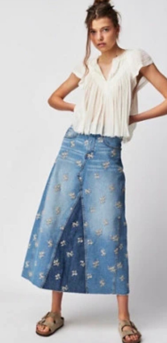 

Джинсовая макси-юбка миди Free People Driftwood Joanna с цветочной вышивкой  НОВИНКА, Distresed demin