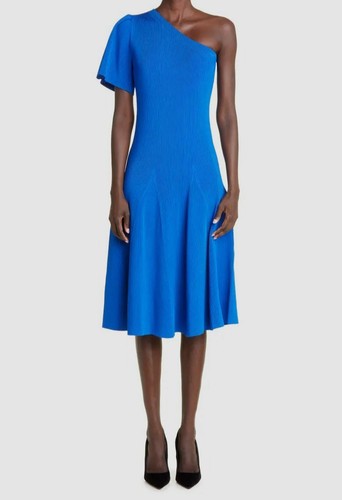 Pre-owned Carolina Herrera $1590  Women Blue Flutter Sleeve One-shoulder Knit Dress Size L