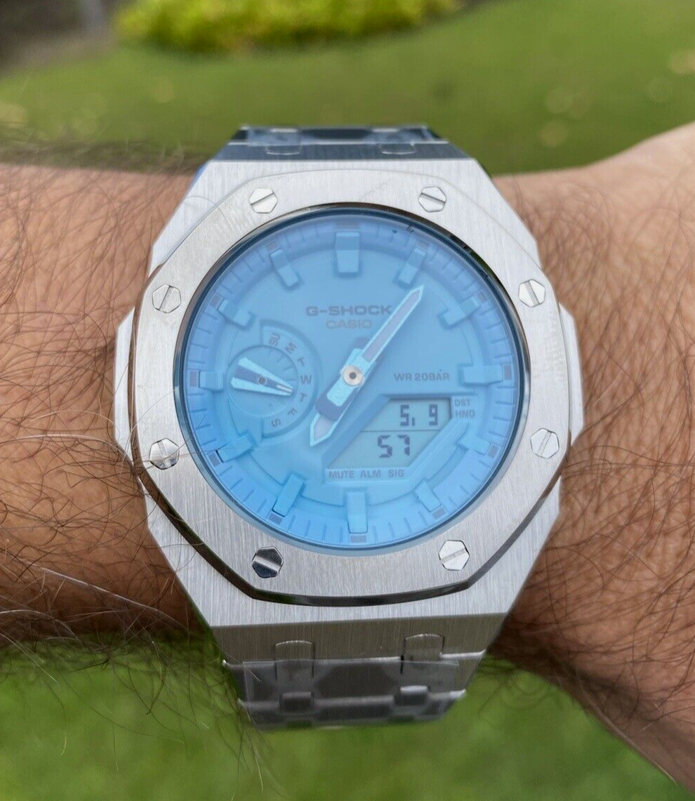 Pre-owned Casio G-shock Ga2100 Custom Mod Silver Band, Light Blue Dial