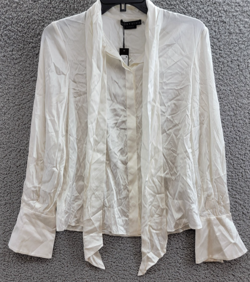 Alice + Olivia Lloyd Stretch Blouse Women's S Off White Round Neck Long Sleeves~ - Picture 2 of 20