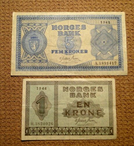 NORWAY TWO BANKNOTES: 1944 1 KRONE AND 1945 5 KRONER 