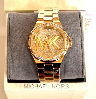 MICHAEL KORS MK7229 Lennox Pave Quartz Crystal Gold Dial Ladies Watch BNWT $295