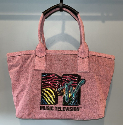 Marc Jacobs MTV Logo Rainbow Sequins Hologram Pink Heathered Denim Tote Bag! NWT