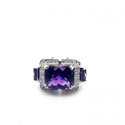 Bellari 18K White Gold Amethyst and Diamond Ring Size 7