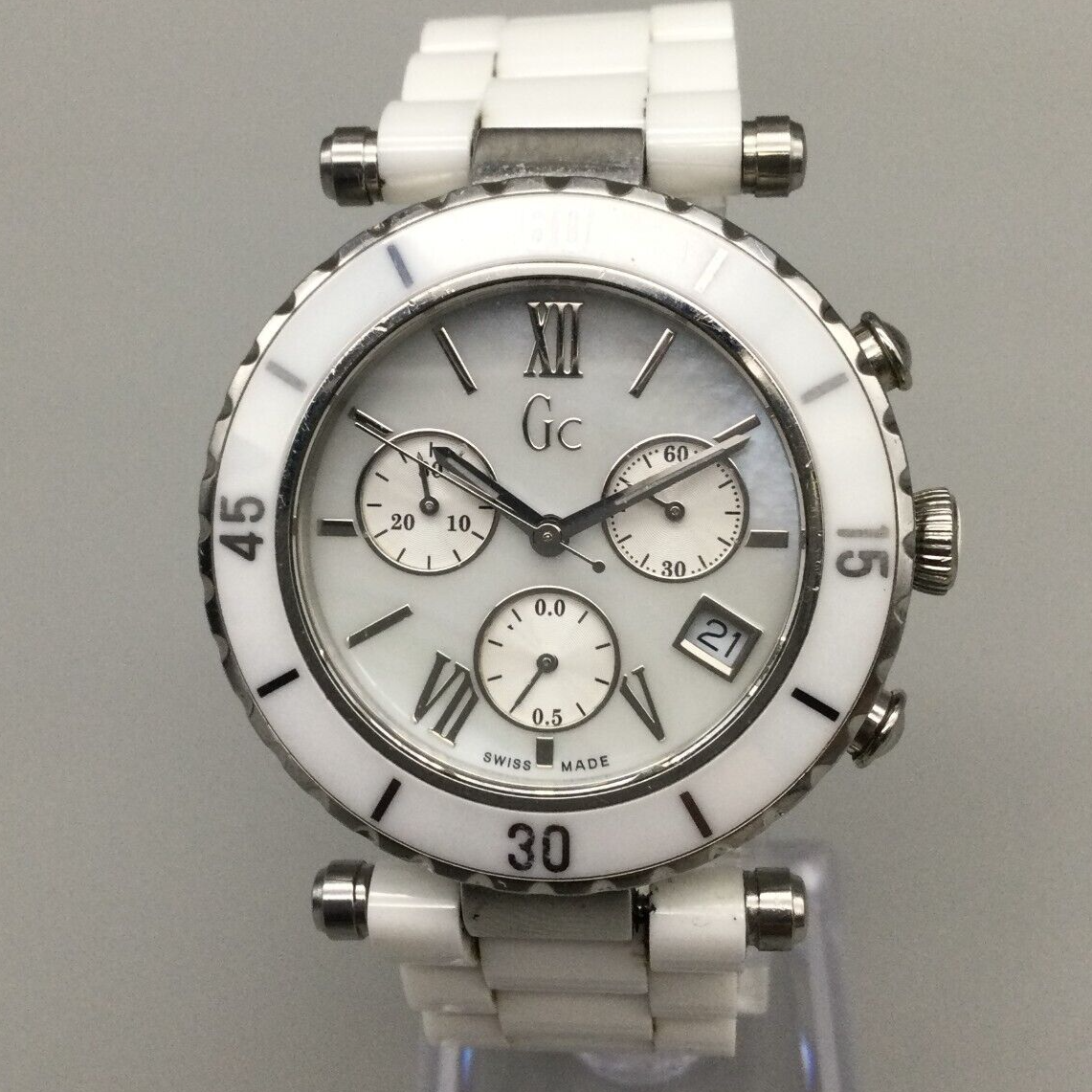 Guess Collection Watch Women Silver Tone White Ceramic MOP New Battery 6.75