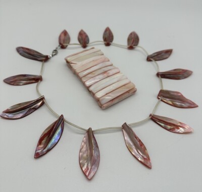 Vtg Mother Of Pearl Beaded Iridescent Set Necklace Bracelet Leaf Chocker 16 