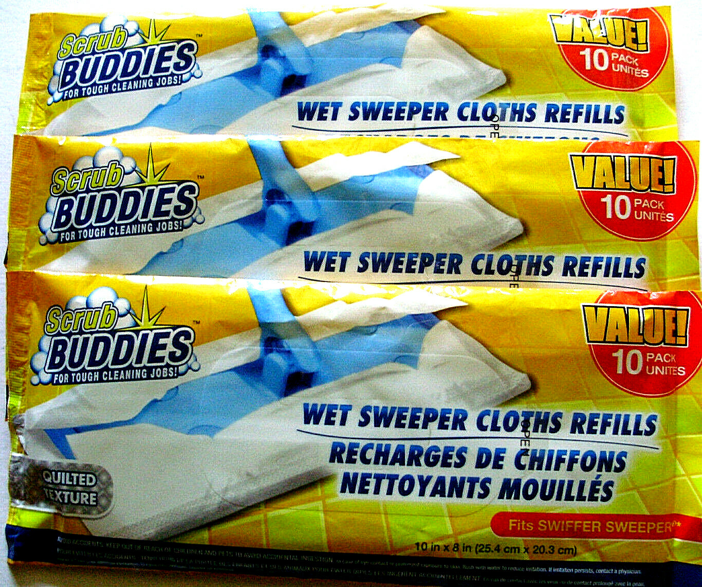 3 SCRUB BUDDIES Wet Sweeper Refills 30 Ct Quilted 10" x 8" Tough SwifferSweeper