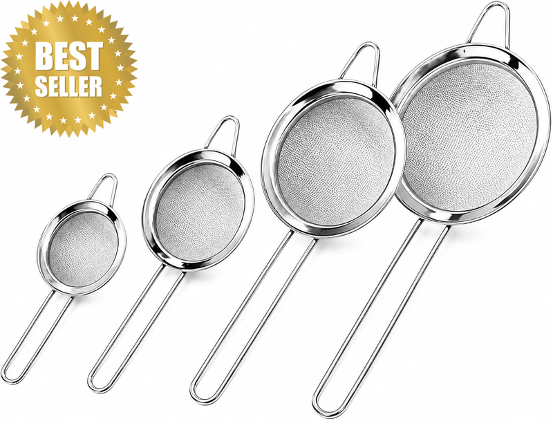 Fine Mesh Strainer Set, 4 Pack Stainless Steel Kitchen Sieve Colanders with Hand