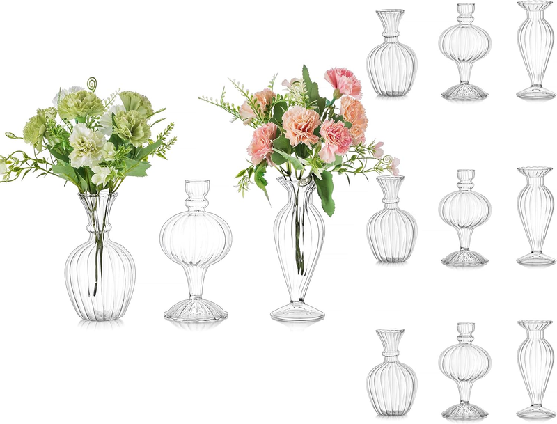 Glass Bud Vases for Centerpieces Bulk: 12Pcs Ribbed Small Clear Vase Modern Mini Vase for Flowers Handmade Decorative Vases for Home Decor Short for Wedding Table Living Room Tiny Single Rose
