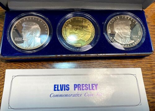 1993 Elvis Presley Commemorative Coin Set (3) w/.999 Coin in Suede Box +COA CHN
