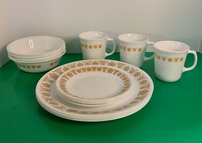 Corelle BUTTERFLY GOLD Dinnerware 15-pc Set Dinner Bread Plate Bowl Mug