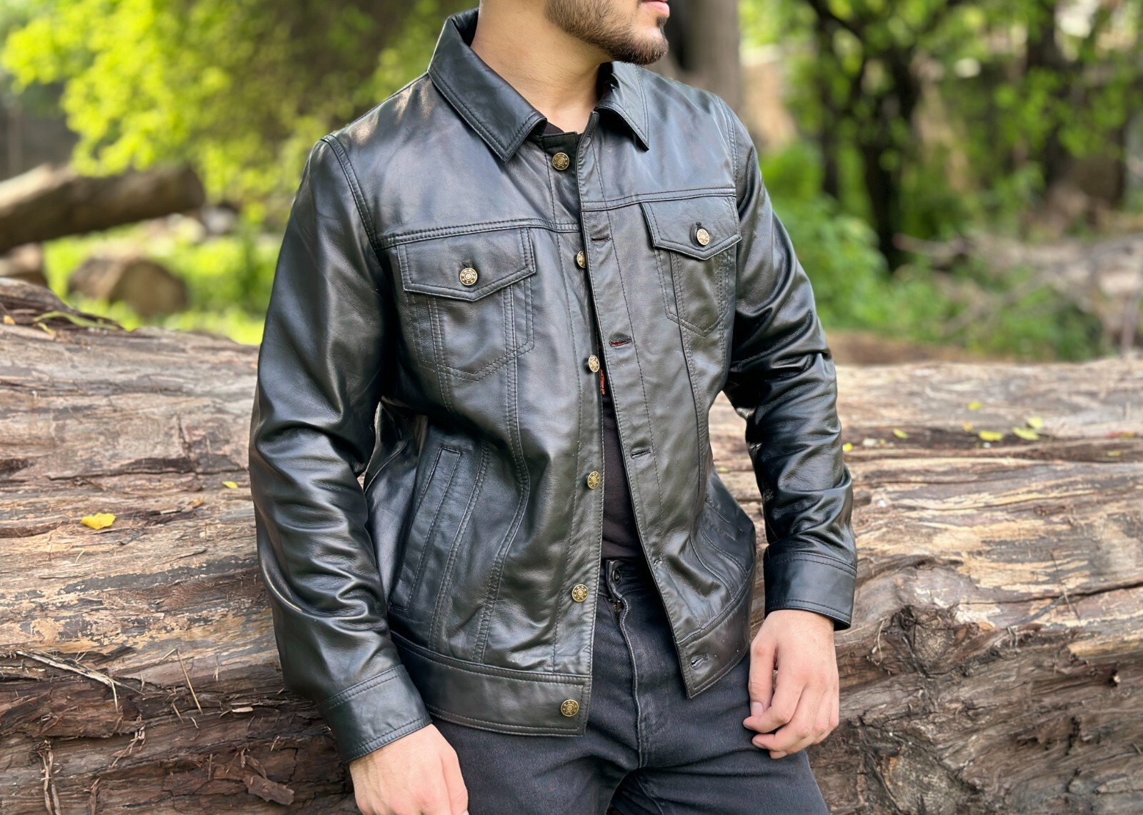 日本限定 Men's Real Leather Black Jacket Trucker Black Leather ジャケット・アウター